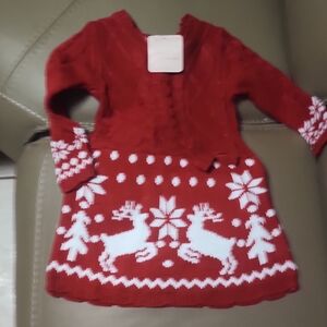Festive Red Knit Dress with Reindeer Pattern